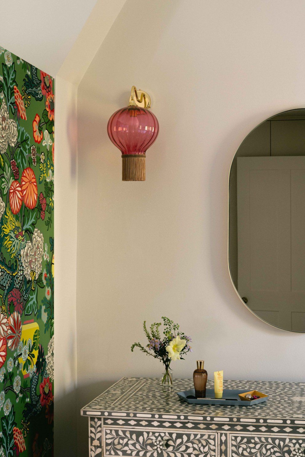 Victorian Terrace, Waterloo | Pink wall lights, mother of pearl dressing table give a colourful Oriental touch to a bedroom | Interior Designers